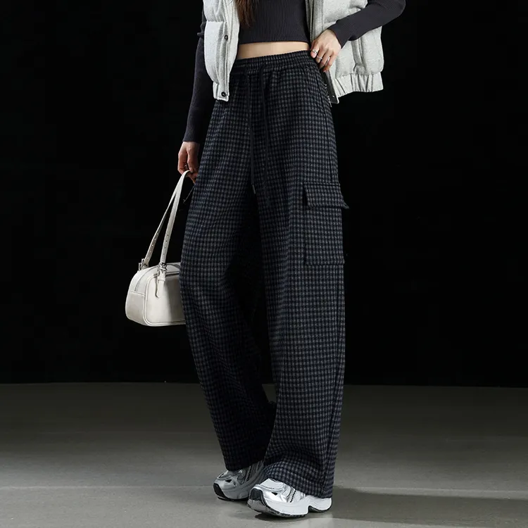 弯刀格子裤女冬季加绒慵懒风垂感绑带松紧腰蓝色毛呢镰刀阔腿裤子