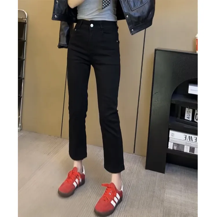 萱贝纯高腰显瘦直筒牛仔裤女春季新款黑色时尚休闲八分弹力烟管裤