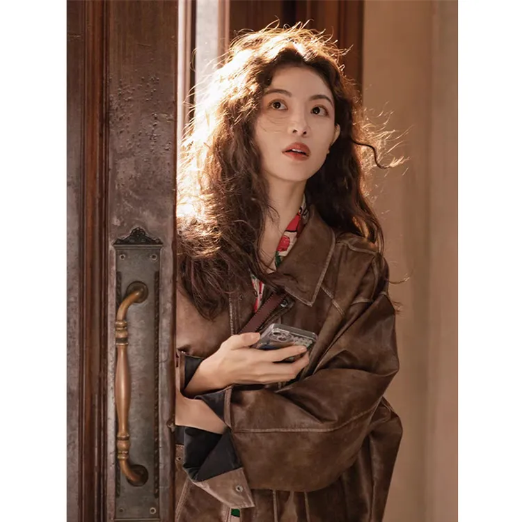 棕色皮衣女外套春秋季2025新款pu皮夹克美式复古酷飒风钟楚曦同款