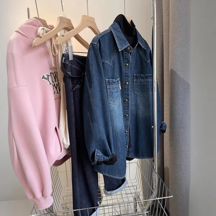 欧货复古做旧加绒牛仔衬衫女秋冬小个子休闲加厚叠穿打底衬衣外套