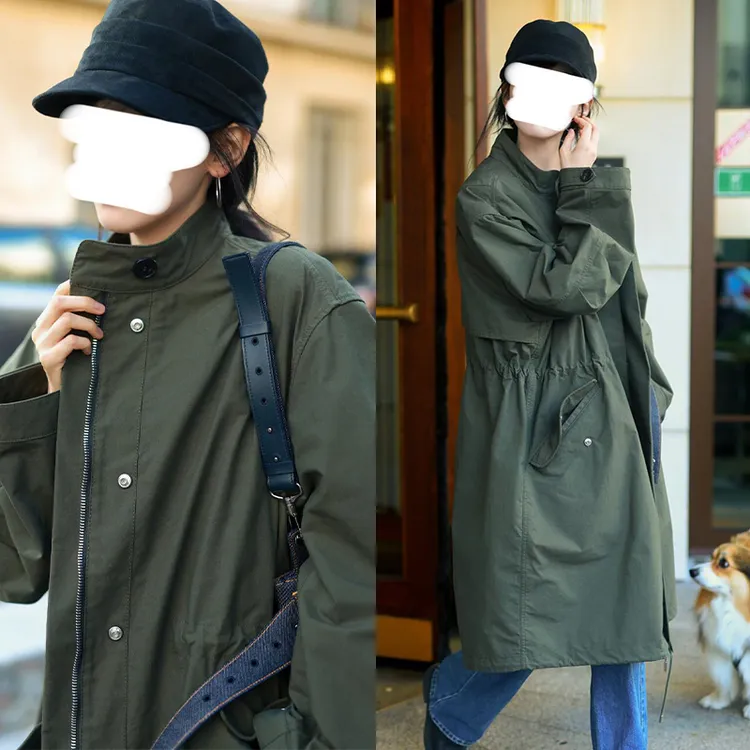 章若楠同款军绿色宽松大衣过膝长款美式派克服风衣外套