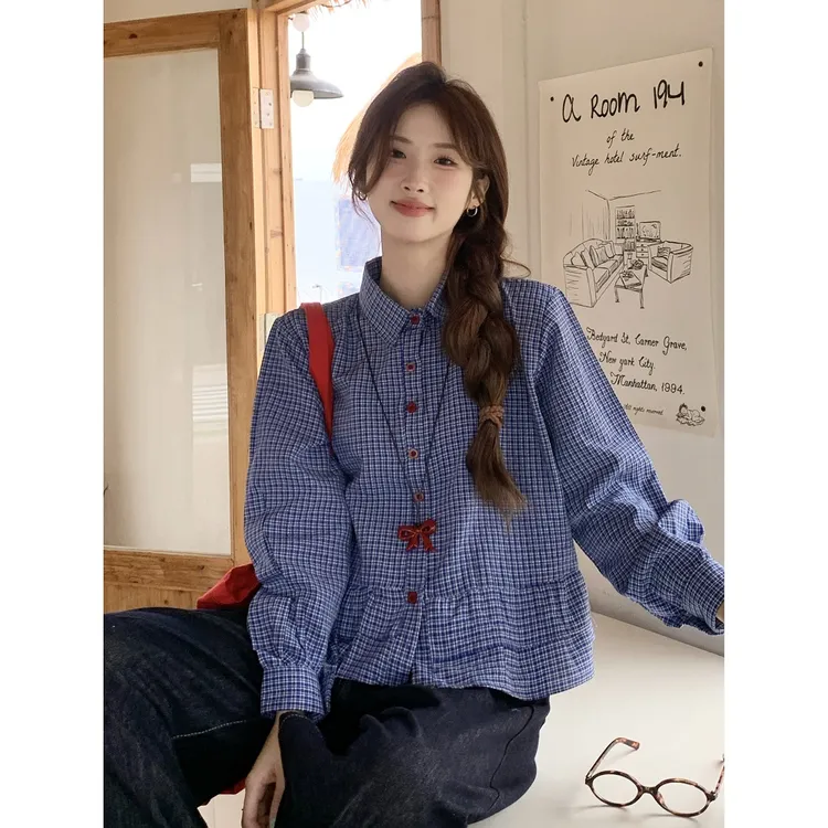 大码韩版蓝色格子衬衫女春夏季新款荷叶边长袖衬衣短款设计感上衣