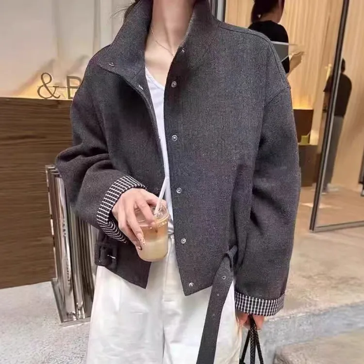 秋季新款韩版时尚百搭显瘦短款毛呢外套女宽松休闲夹克小个子拼接