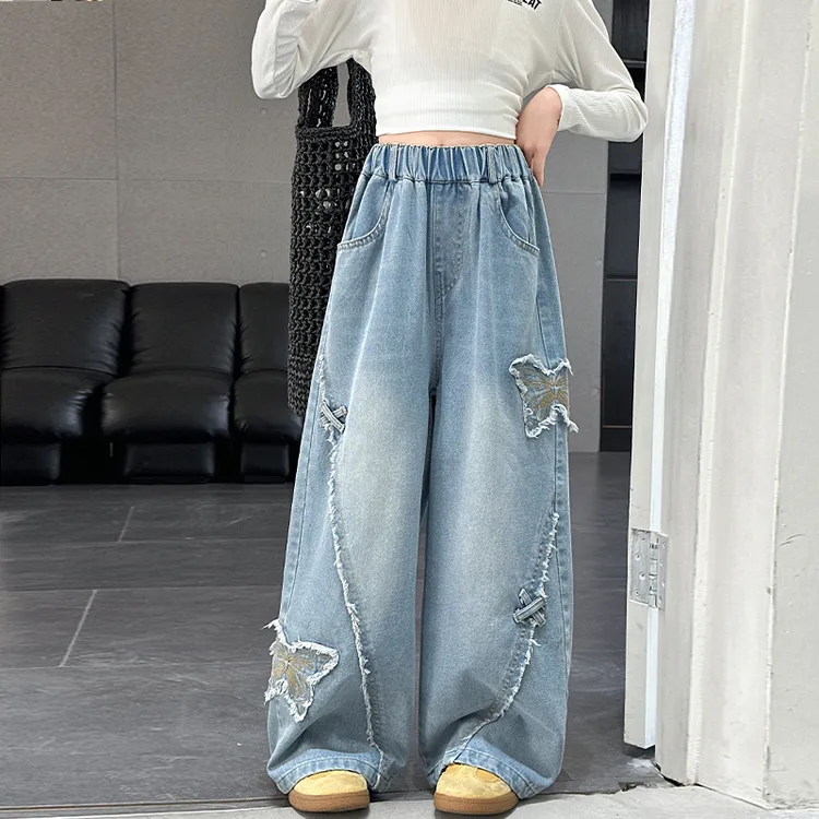 女童蝴蝶贴布牛仔阔腿裤韩范宽松2025新款中大童裤子慵懒显瘦薄款