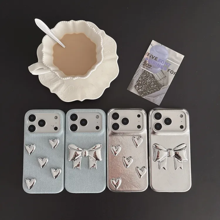 适用于iPhone17Promax银色皮纹立体蝴蝶结牛仔纹爱心苹果15手机壳