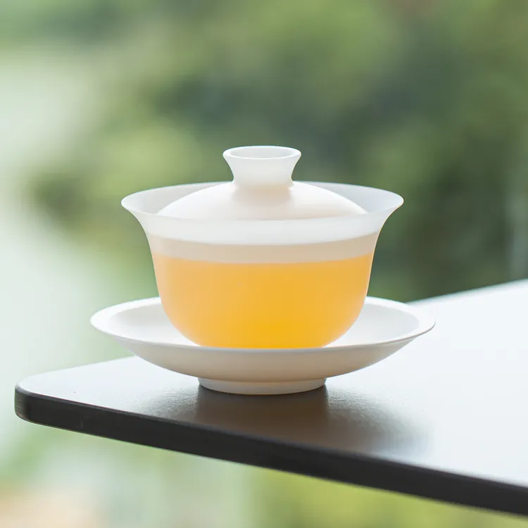 素烧冰种元宝盖碗家用陶瓷单个茶碗茶杯超薄胎高档三才盖碗泡茶器