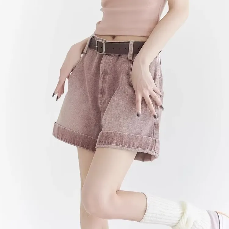 休闲脏脏粉色高腰阔腿牛仔a字短裤女美式复古宽松显瘦设计感裤子