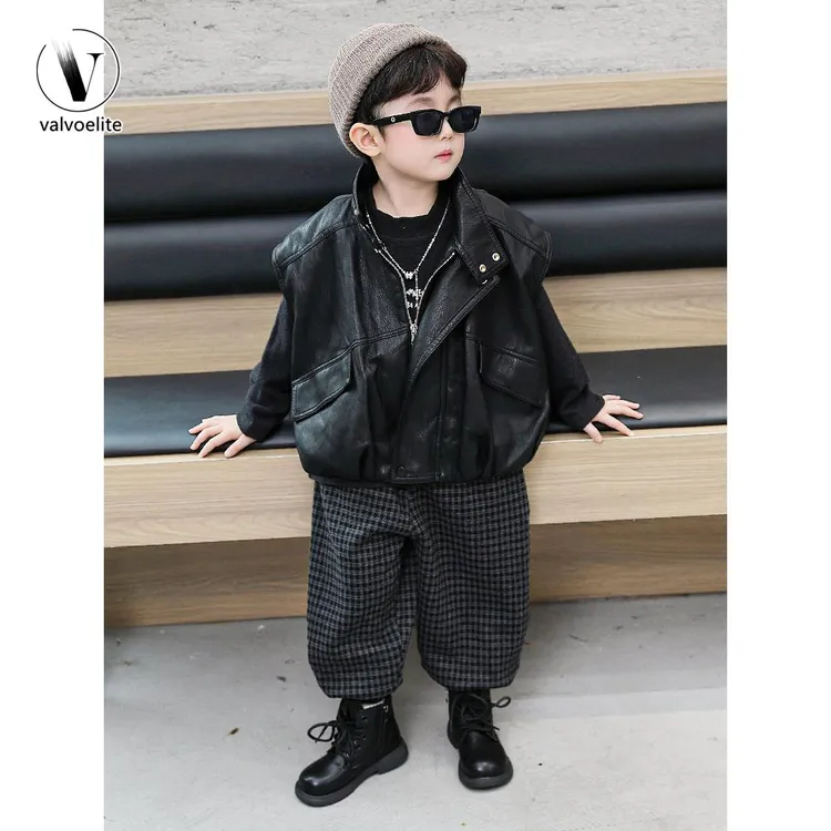 VALVOELITE男童秋冬皮马甲三件套装2025新款加绒格子裤宝宝衣服潮