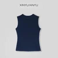 XINYU/芯与『深林』藏青色坑条无袖圆领背心 26144 通勤 舒适 时尚