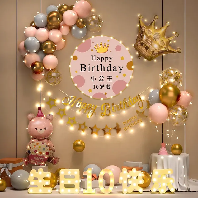 女孩10岁生日快乐仪式感派对周岁场景布置装饰气球背景海报定制十