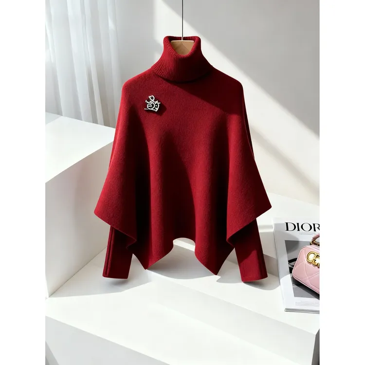 秋冬新款针织衫慵懒高级感洋气时尚气质穿搭红色假两件斗篷毛衣女