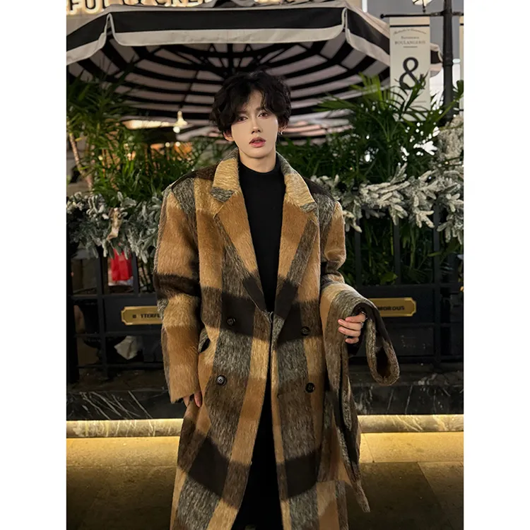 小众设计【配围巾】男女加厚毛呢风衣美拉德格纹夹棉中长款呢子大衣