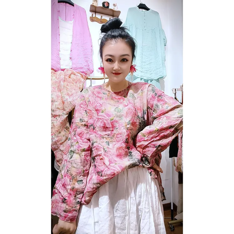 2025夏季新款亚麻复古宽松花衫长袖上衣