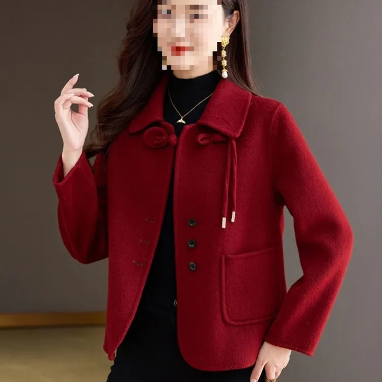 酒红色短款呢子大衣女年新款秋冬系带气质濮院小个子毛呢外套