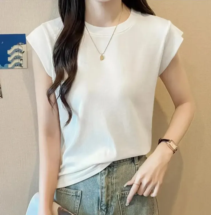 洋气莱赛尔天丝小飞袖薄款T恤衫女夏季显瘦透气圆领包袖上衣XF668