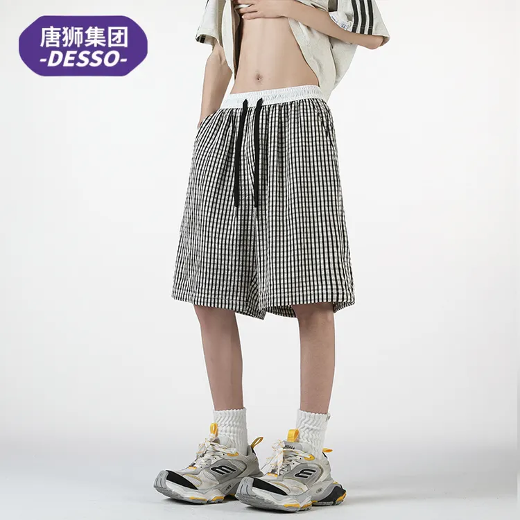 通知下架-夏季休闲短裤男款宽松亲肤日系简约格纹五分中裤子