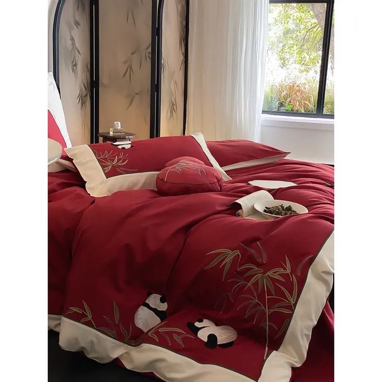 水星高端系列家纺新中式国风竹叶熊猫四件套全棉纯棉红色床单被套