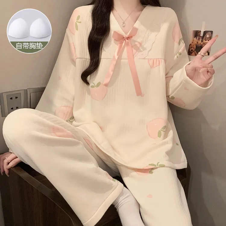 春秋冬季带胸垫睡衣女空气棉韩版宽松加厚女士睡衣可外穿家居服