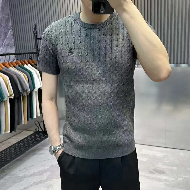 复古老钱针织混纺纹理秋冬短袖男潮牌骑士刺绣绞花肌理毛衣T恤衫