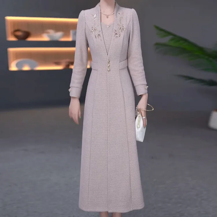 加长加厚女装连衣裙2025秋冬新款修身显瘦气质长袖女士假两件裙子