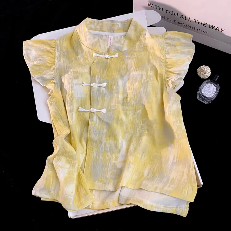 睡衣新款胸垫甜美女款套装可外居家爆款三件套家居服晕染黄洋气