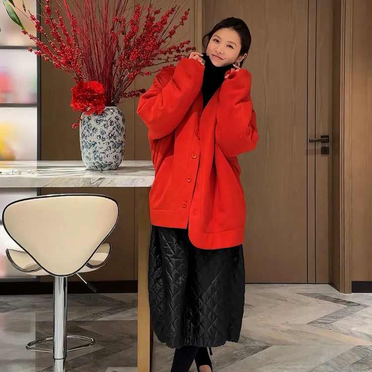 DE Mincollection红抓绒外套/男女同款廓形V领休闲棉服外套40399