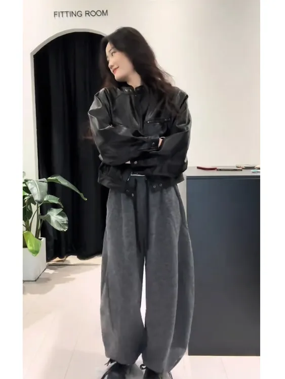 韩版气质立领辣妹酷飒皮衣外套灰色休闲裤套装女装2025秋冬新款女