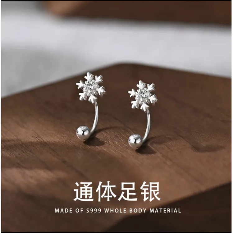 足银耳饰 S999银雪花耳钉女镶钻简约养耳洞睡觉免摘精致百搭轻奢