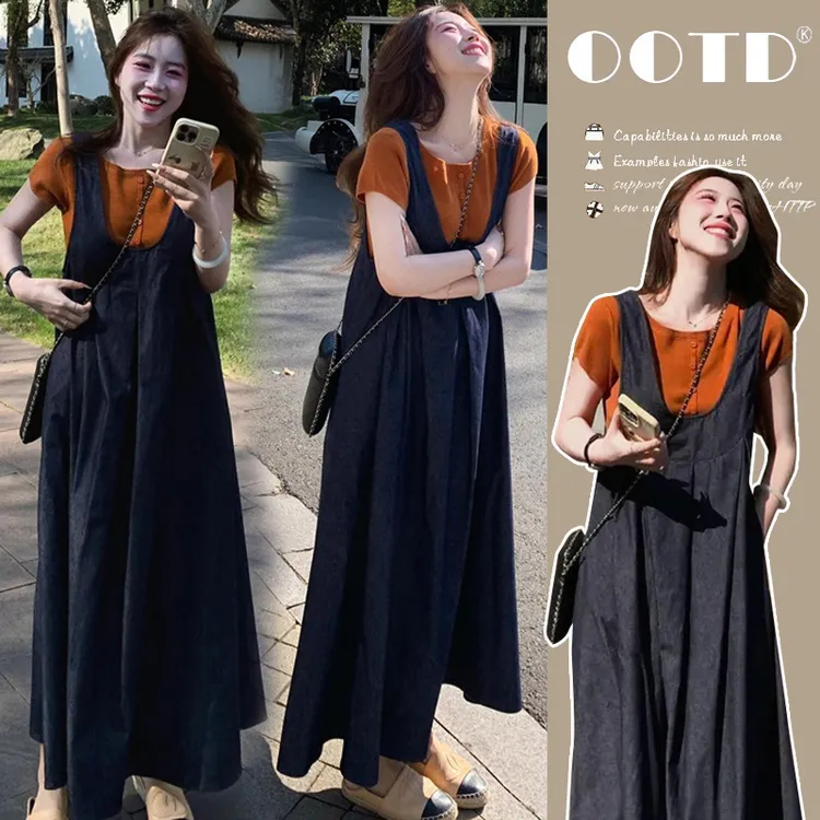 孕妇装夏季新款小个子百搭上衣气质女神范盐系轻熟高级背带连衣裙