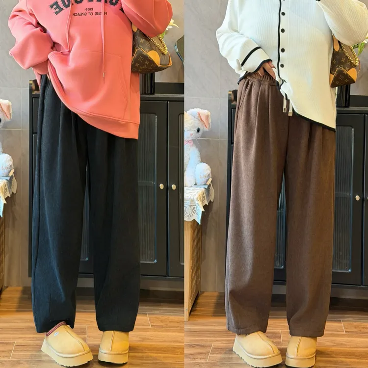 花契“风屿桃酥”大码女装冬季宽松200斤胖mm灯芯绒休闲裤16604-H