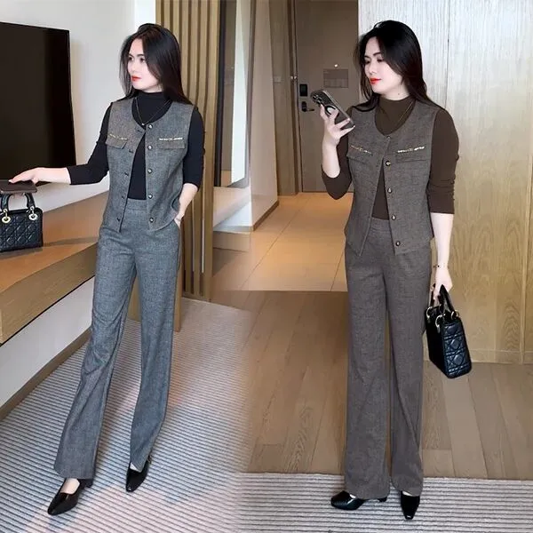 时尚休闲套装女2025秋季新款洋气显瘦马甲长袖打底衫阔腿裤三件套