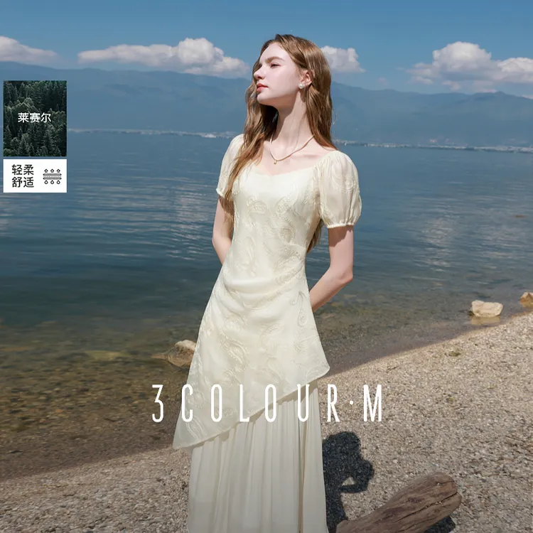【莱赛尔】三彩2025夏季新款绣花连衣裙假两件方领A字裙长裙女M