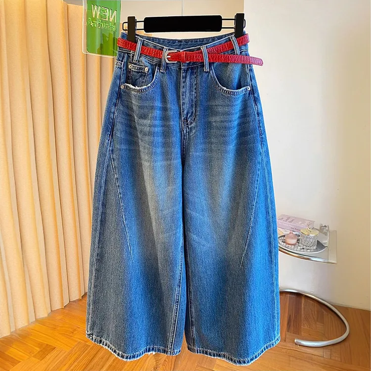 今年流行复古水洗蓝色九分牛仔裤女秋2025新款宽松显瘦直筒阔腿裤