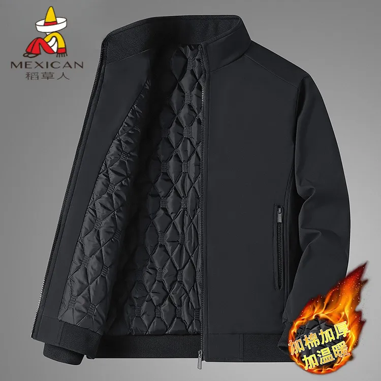 Mexican/稻草人中老年加绒加厚大码休闲立领保暖爸爸装外套夹克衫