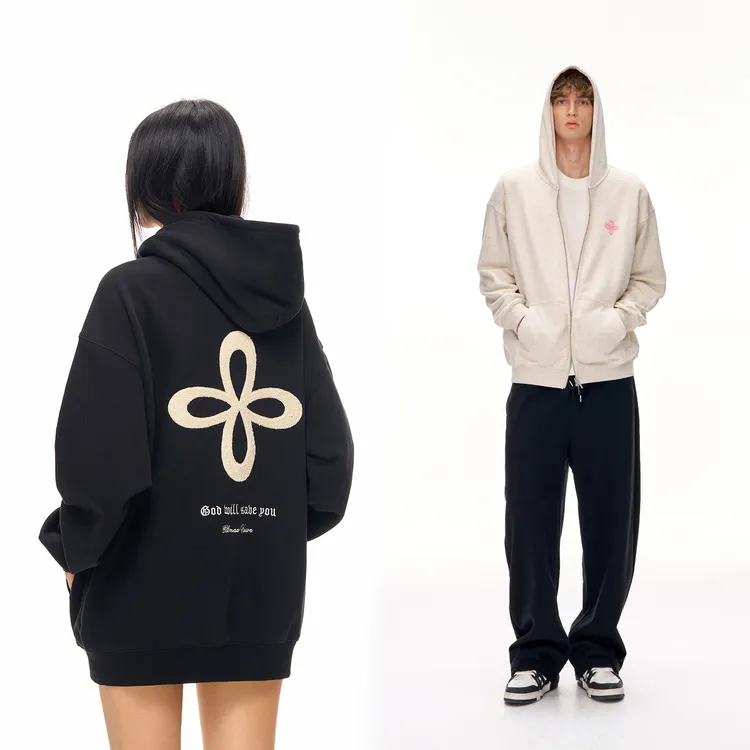 CLIMAX VISION立体十字花毛巾绣拉链开衫连帽卫衣男女款休闲帽衫