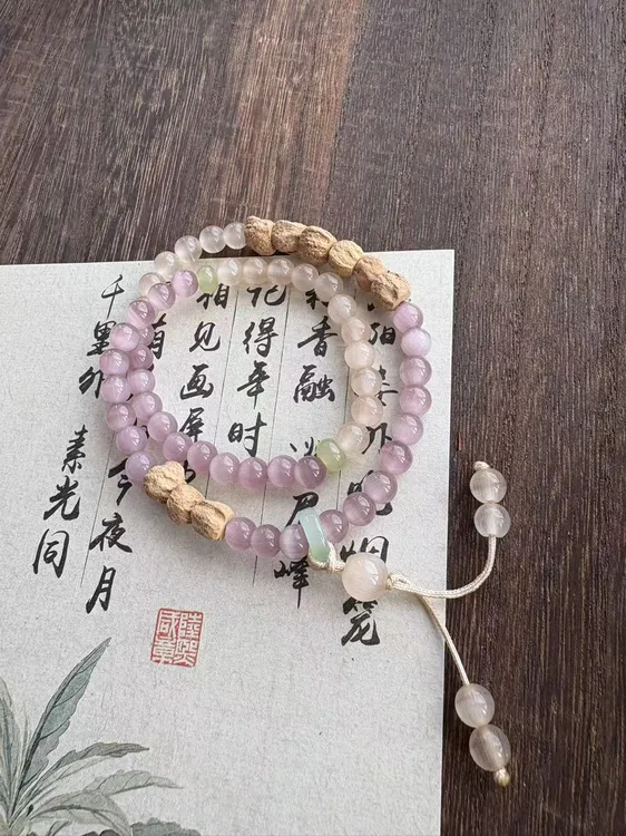 非金属木质手链 松雾玫瑰新中式粉色猫眼石多圈手串中国风清冷感