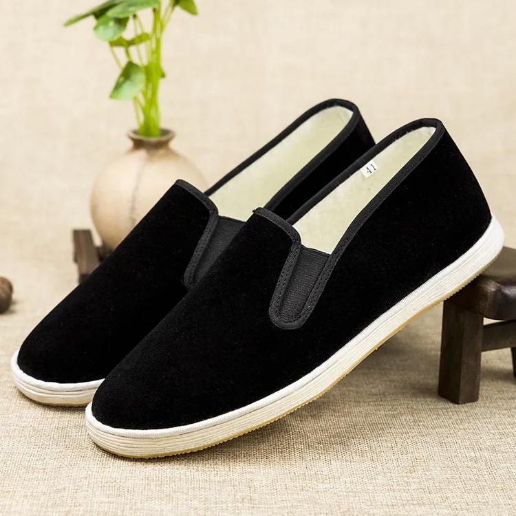 新款秋冬季千层底布鞋老北京手工加绒保暖鞋经典黑色款男式休闲鞋