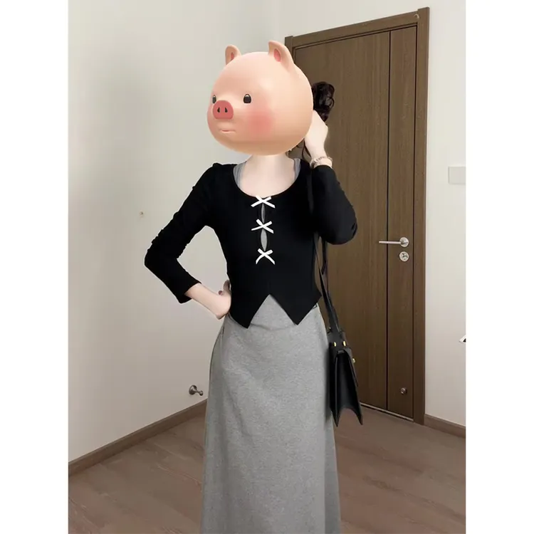 2025春季新款女法式气质修身长袖薄款针织开衫收腰显瘦背心连衣裙