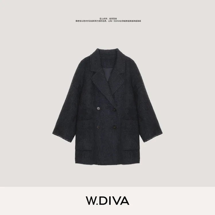 W.Diva【曼城旧事】秋冬高质感简奢双排扣翻领牦牛绒大衣54C242736