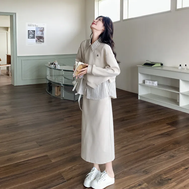 韩系通勤休闲风卫衣条纹衬衫半裙套装2025春秋新款小众显瘦三件套