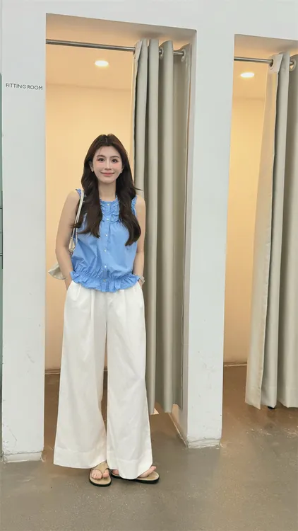 YPP!【蓝雾】韩系气质设计感简约纯色荷叶边收腰无袖上衣衬衫