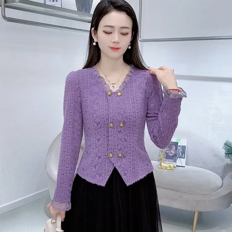 法式时尚洋气V领衬衫女2025春季新款长袖蕾丝衫宽松显瘦小衫上衣