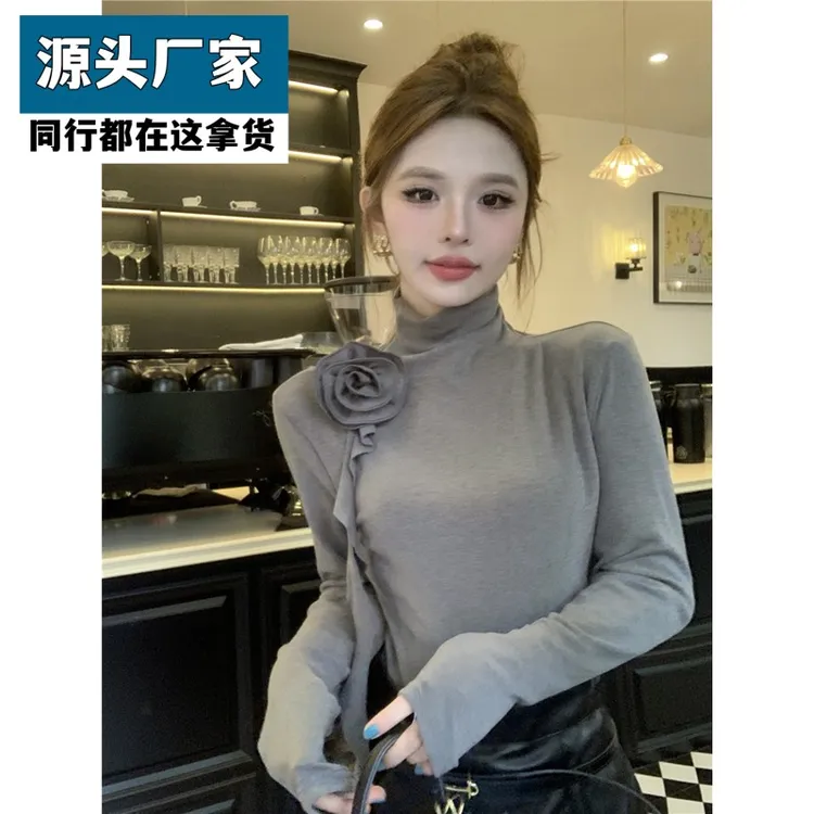 梵乐芬高级感法式气质半高领立体花朵t恤女秋冬季修身显瘦打底外