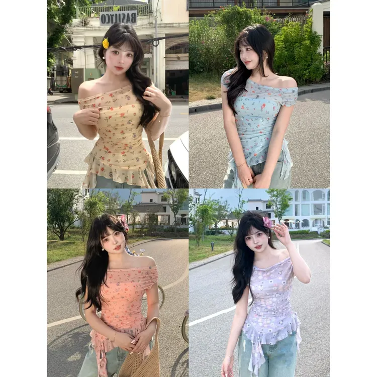 清清萌面侠芝士【热带岛屿】春夏弹力飘带多穿显瘦遮肉上衣5243