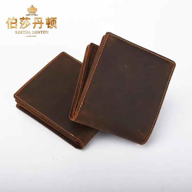 伯莎丹顿新款疯马皮钱包男士短款真皮商务复古头层牛皮钱夹带拉链