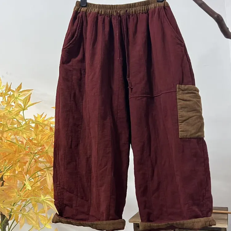 腰头口袋拼色亚麻炒色靴裤（裤长87，臀围140，腰围3尺8）