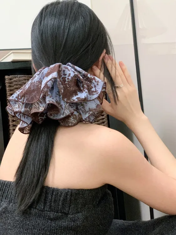 小众设计发饰斑斓油画布圈蓝咖裙摆头花马尾半扎发圈高级感头饰品
