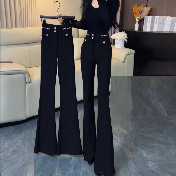 网红黑色西装微喇裤2025新款高腰显瘦百搭性感辣妹弹力拖地喇叭裤
