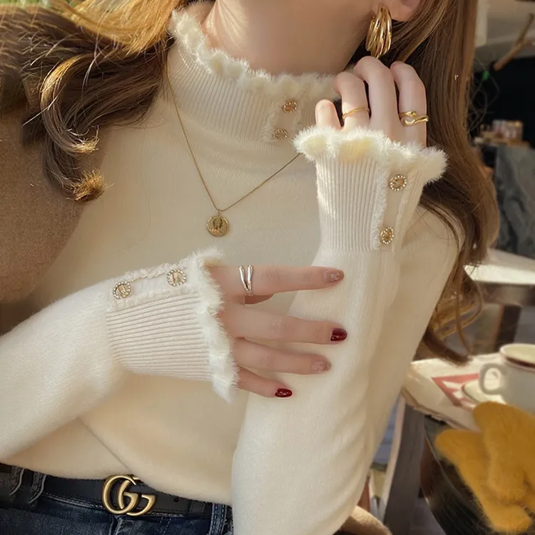 特大码高级感超好看一体绒针织打底衫女秋冬胖mm高领毛衣内搭上衣