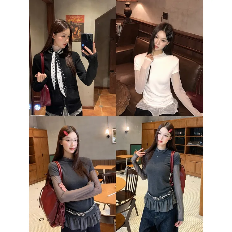 【小公主】秋冬法式温柔气质网纱木耳边拼接T恤假两件16089